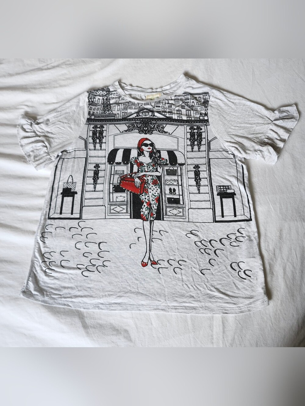 White Graphic Tee with Red Rhinestones